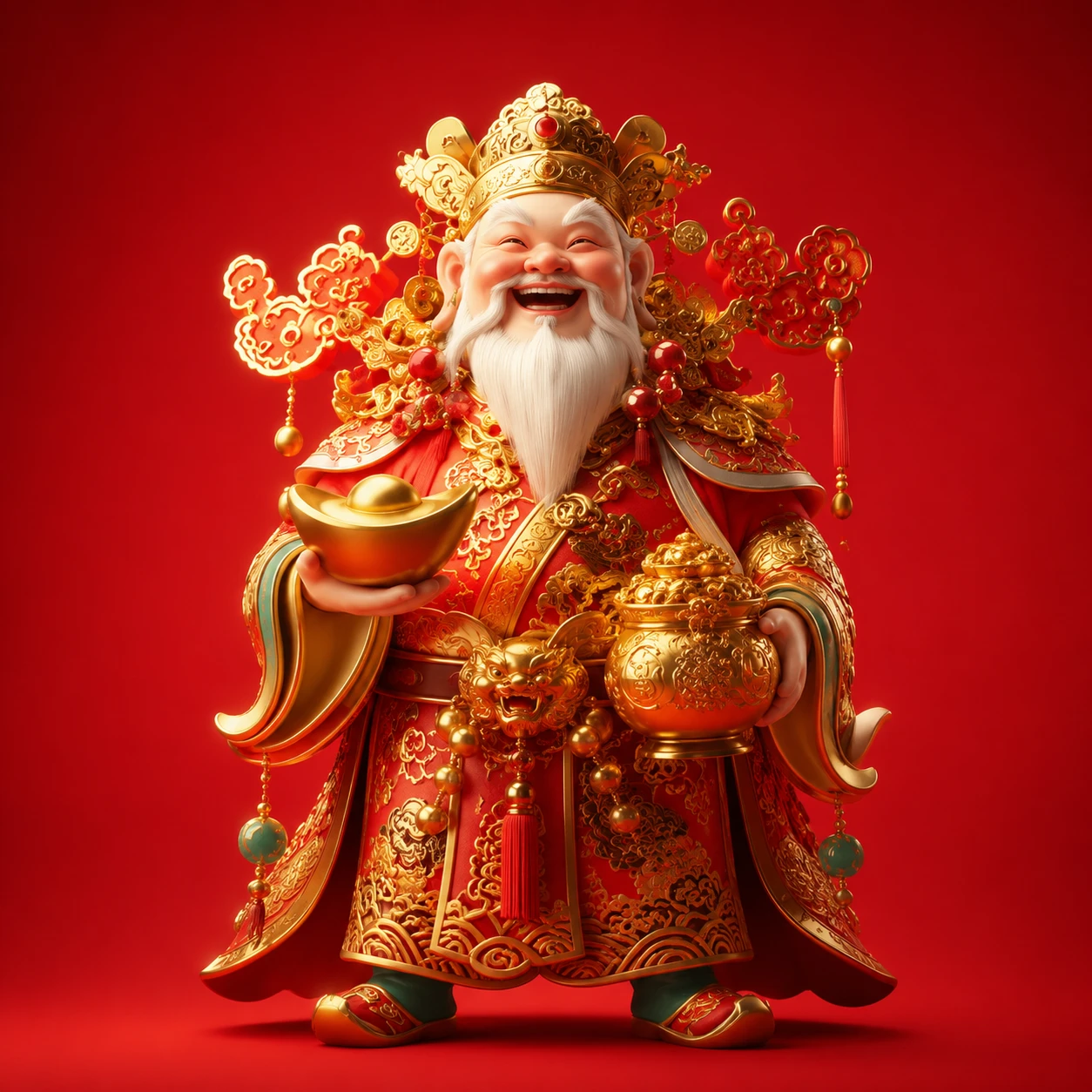 大王招財所財神形象，身著紅金袍服、手持元寶與聚寶罐