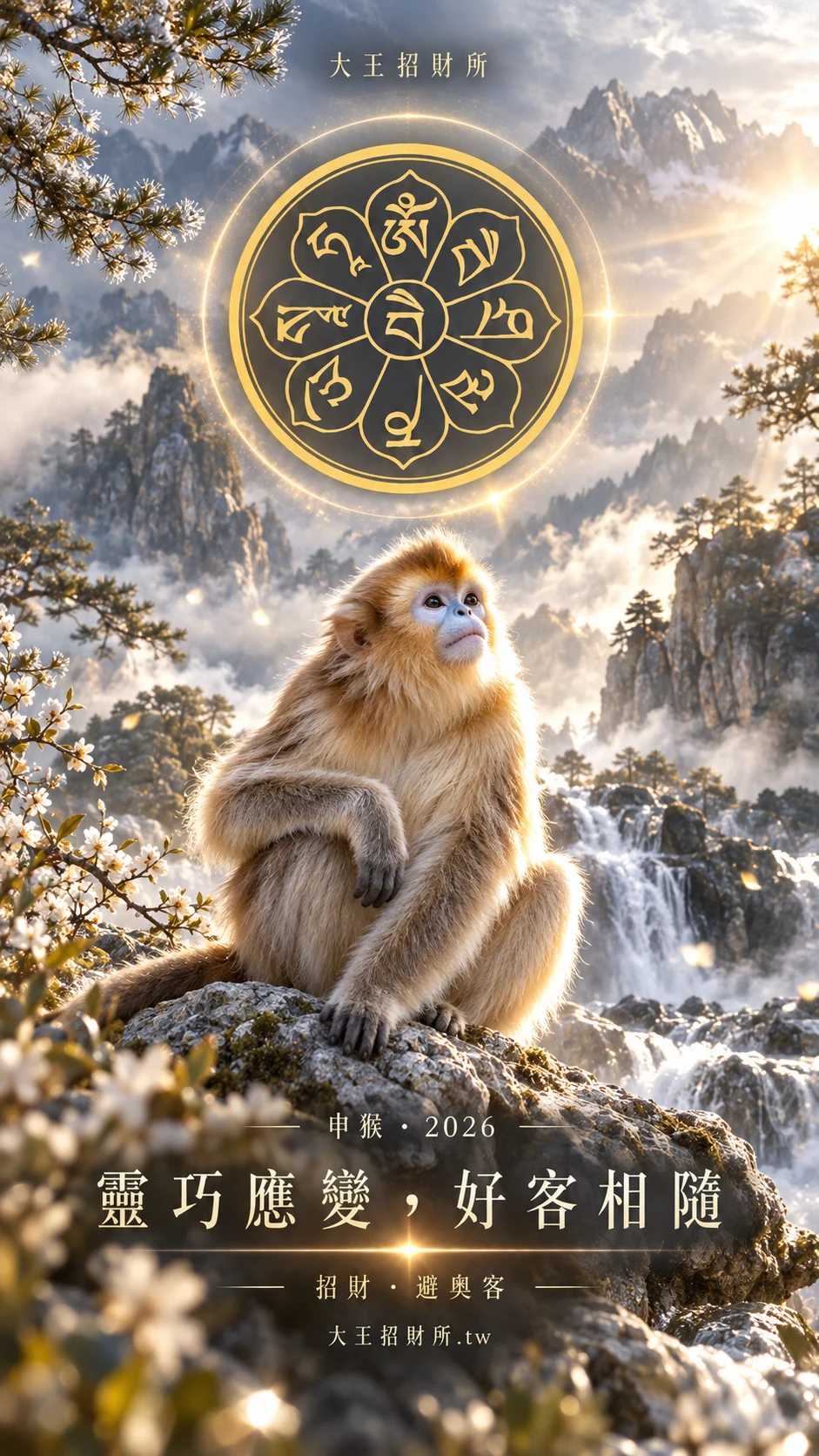 猴生肖桌布,金色心咒與祝福:靈巧應變,好客相隨