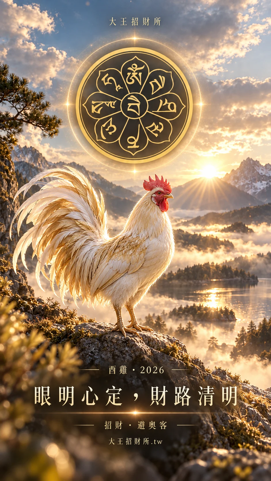 雞生肖桌布,金色心咒與祝福:眼明心定,財路清明